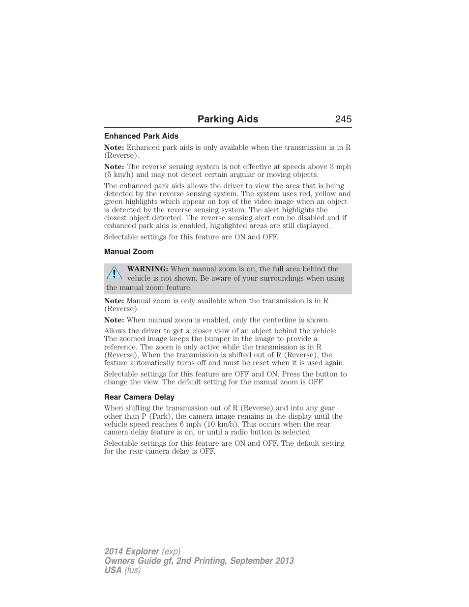 Enhanced park aids, Manual zoom, Rear camera delay | Parking aids 245 | FORD 2014 Explorer v.2 User Manual | Page 247 / 593