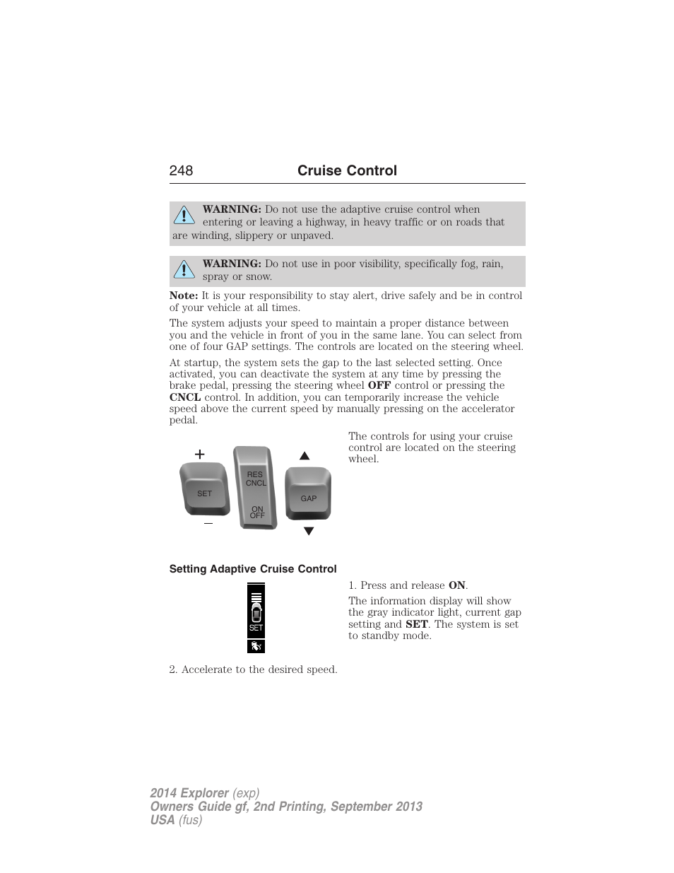 Setting adaptive cruise control, 248 cruise control | FORD 2014 Explorer v.2 User Manual | Page 250 / 593