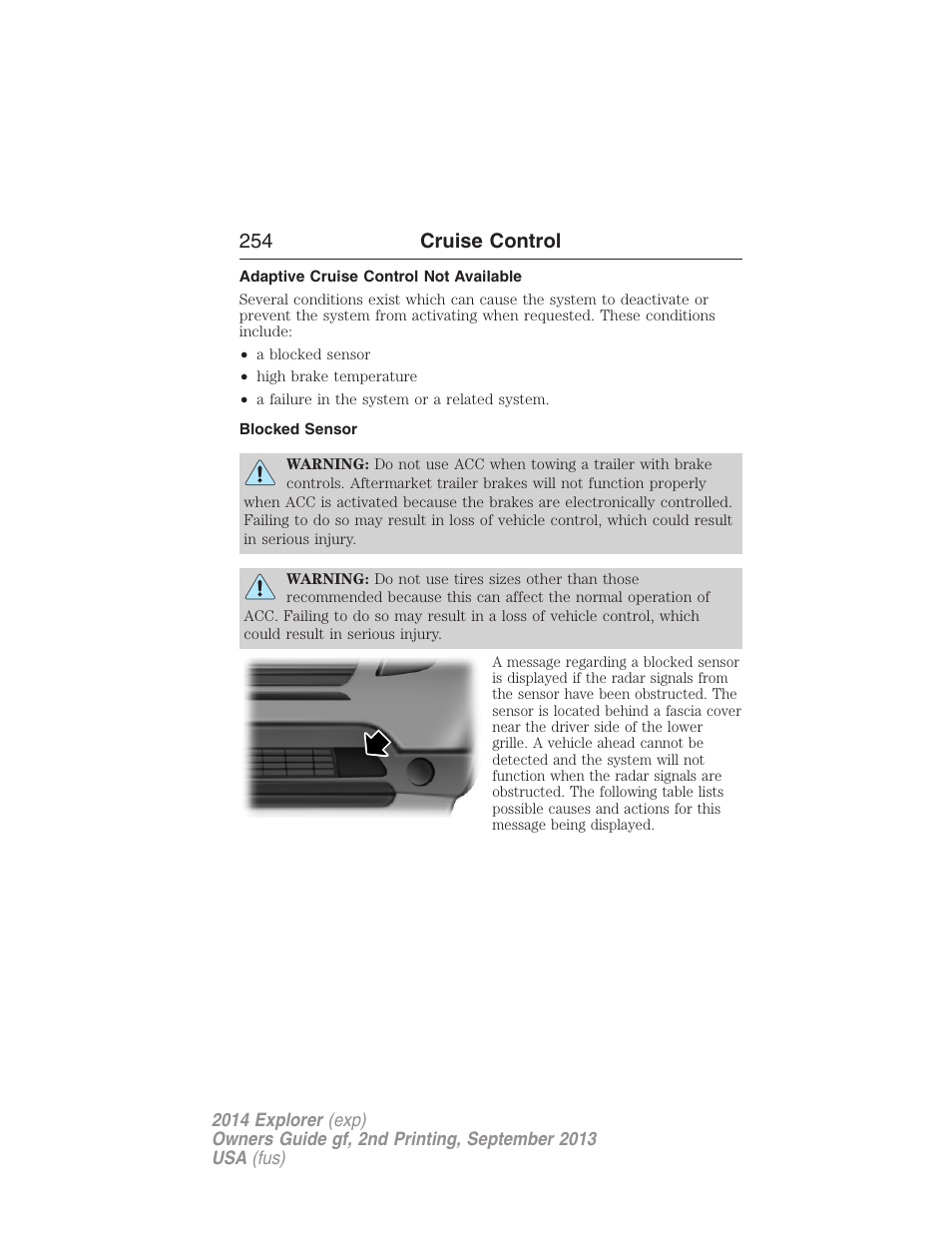 Adaptive cruise control not available, Blocked sensor, 254 cruise control | FORD 2014 Explorer v.2 User Manual | Page 256 / 593