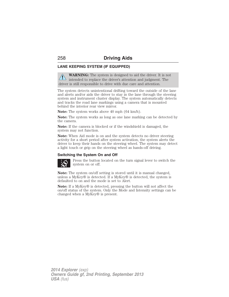 Lane keeping system (if equipped), Switching the system on and off, Lane keeping system | 258 driving aids | FORD 2014 Explorer v.2 User Manual | Page 260 / 593