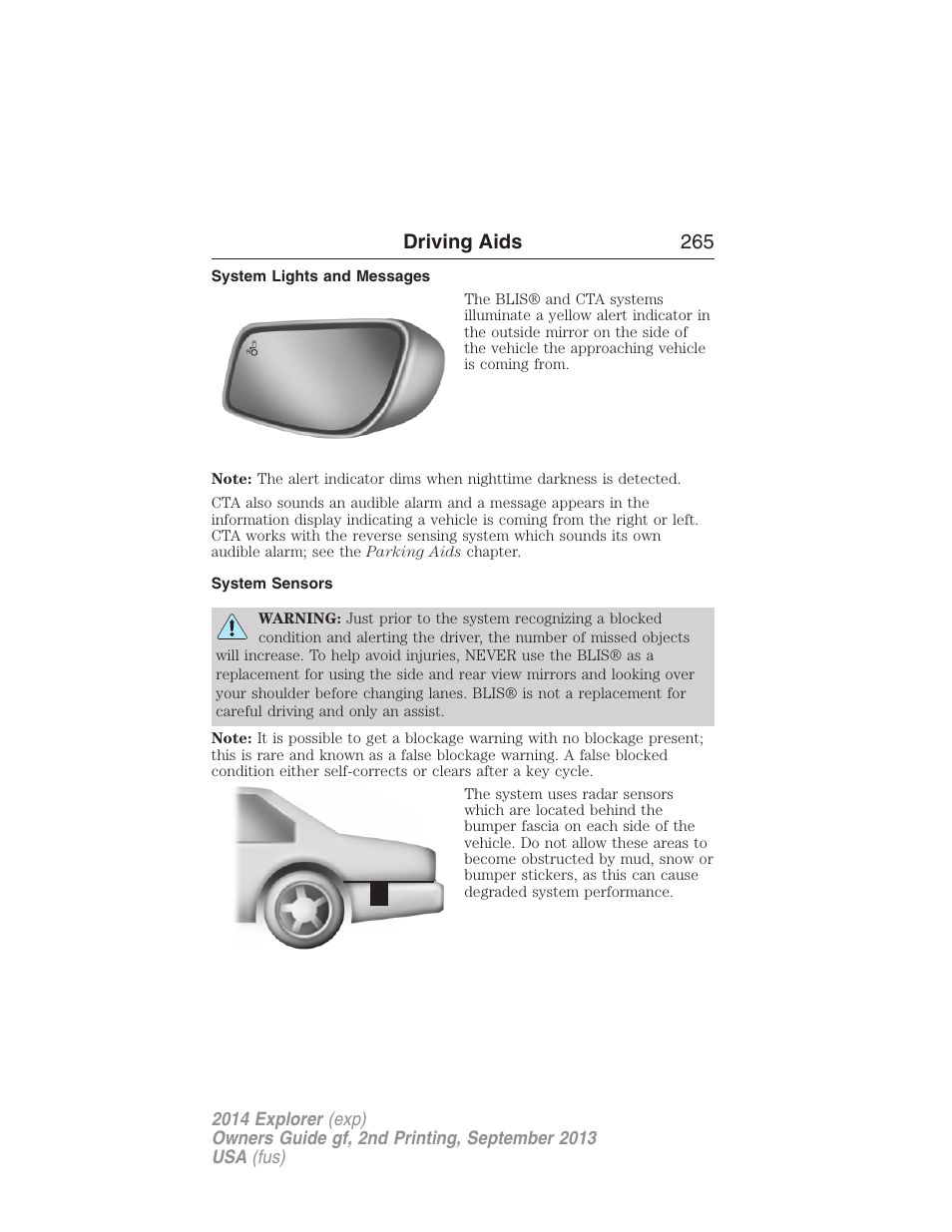 System lights and messages, System sensors, Driving aids 265 | FORD 2014 Explorer v.2 User Manual | Page 267 / 593