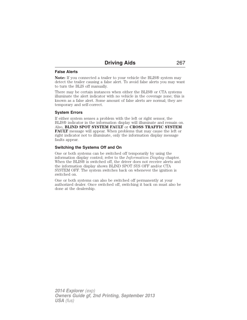 False alerts, System errors, Switching the systems off and on | Driving aids 267 | FORD 2014 Explorer v.2 User Manual | Page 269 / 593