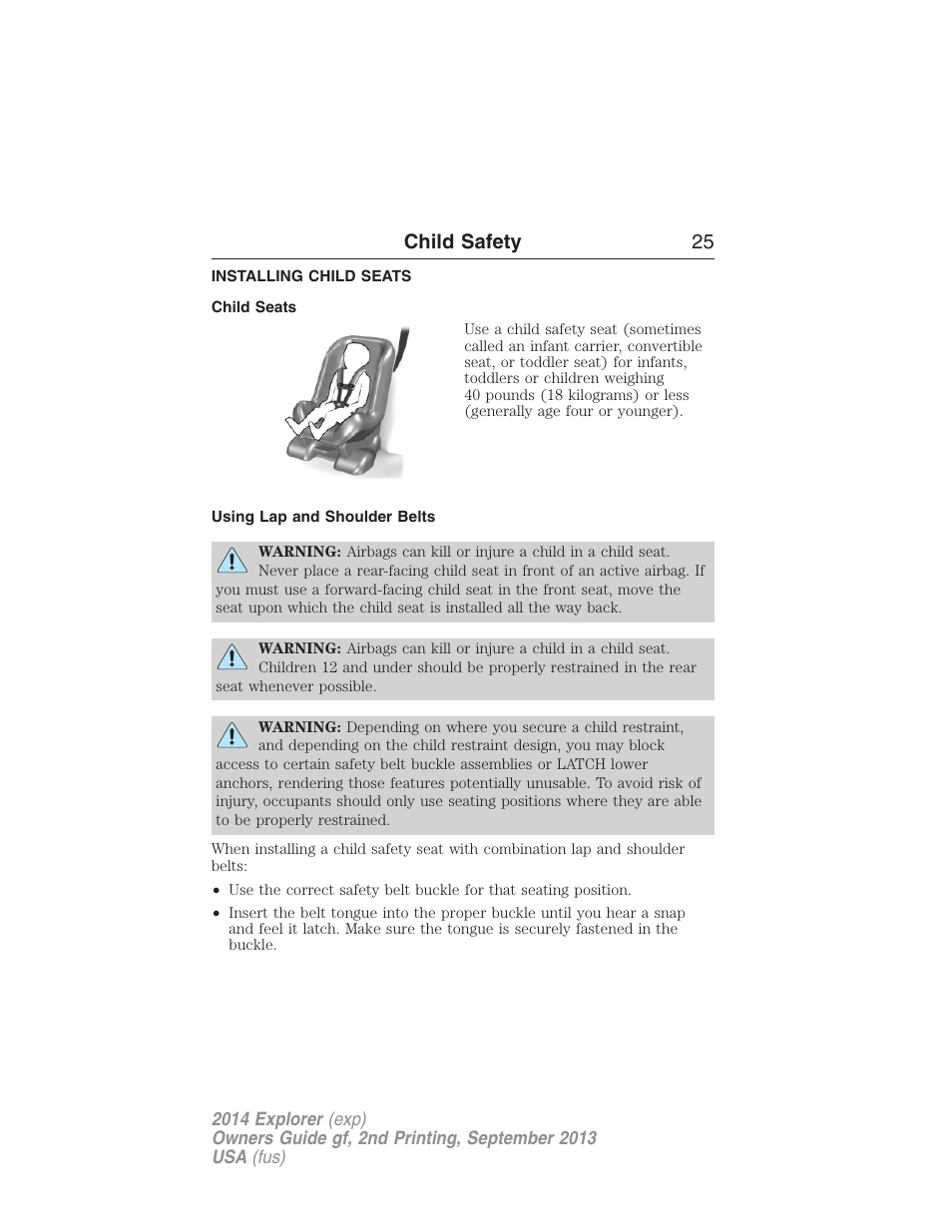 Installing child seats, Child seats, Using lap and shoulder belts | Child safety 25 | FORD 2014 Explorer v.2 User Manual | Page 27 / 593