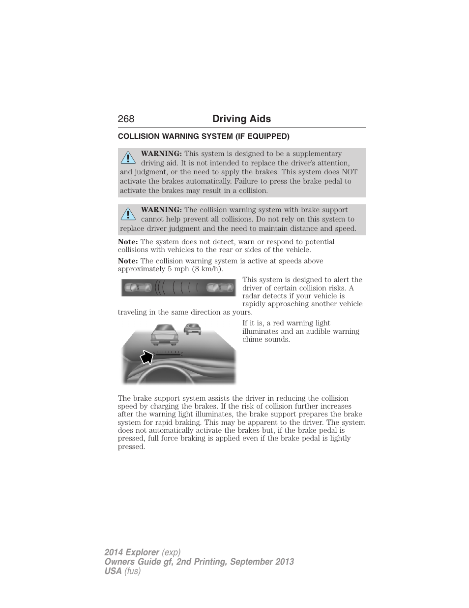 Collision warning system (if equipped), Collision warning system, 268 driving aids | FORD 2014 Explorer v.2 User Manual | Page 270 / 593