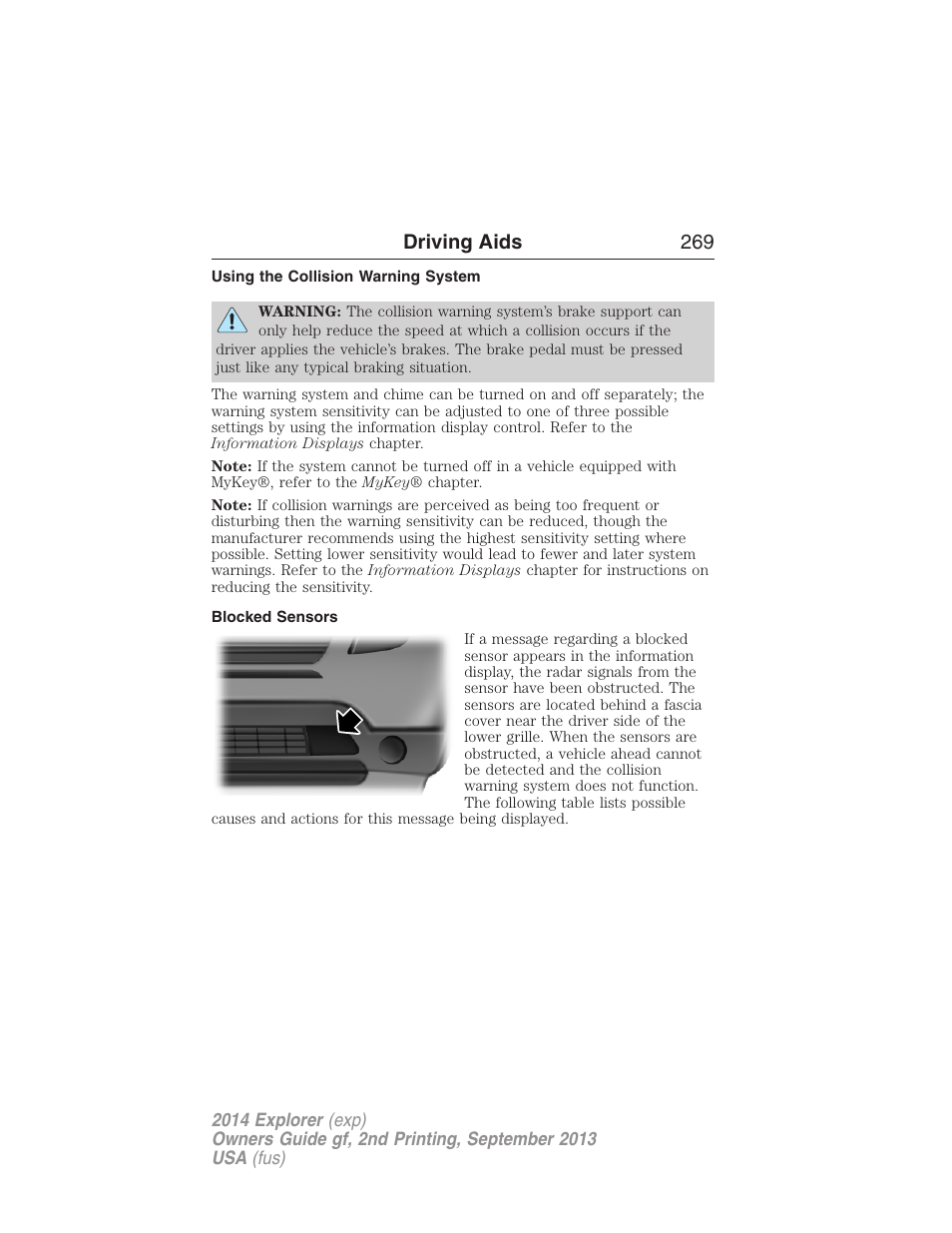Using the collision warning system, Blocked sensors, Driving aids 269 | FORD 2014 Explorer v.2 User Manual | Page 271 / 593
