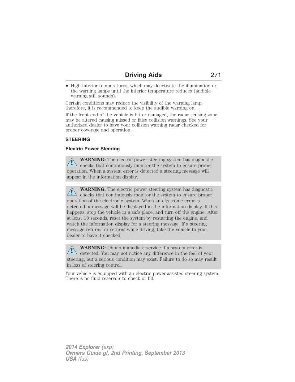 Steering, Electric power steering, Driving aids 271 | FORD 2014 Explorer v.2 User Manual | Page 273 / 593