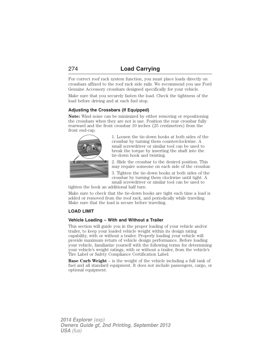 Adjusting the crossbars (if equipped), Load limit, Vehicle loading – with and without a trailer | Vehicle loading, 274 load carrying | FORD 2014 Explorer v.2 User Manual | Page 276 / 593
