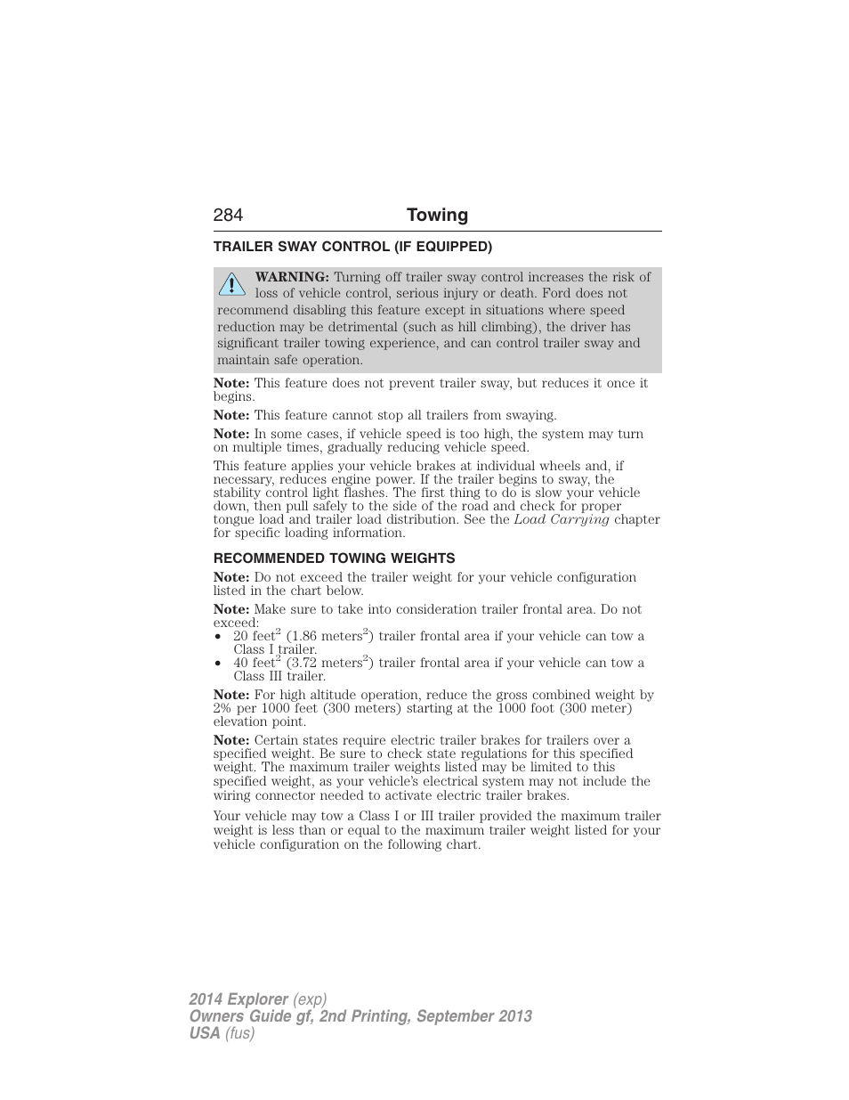 Trailer sway control (if equipped), Recommended towing weights, 284 towing | FORD 2014 Explorer v.2 User Manual | Page 286 / 593