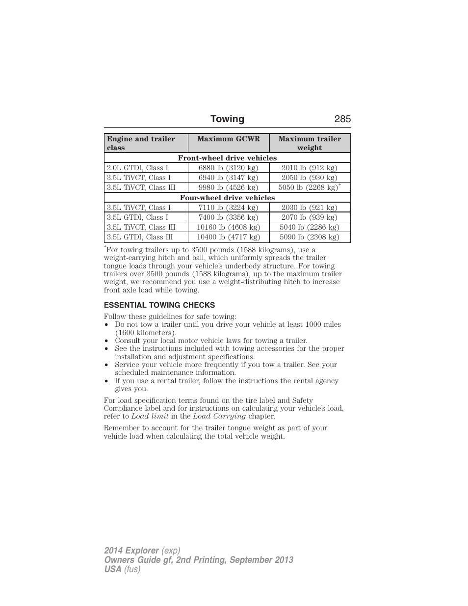 Essential towing checks, Towing 285 | FORD 2014 Explorer v.2 User Manual | Page 287 / 593