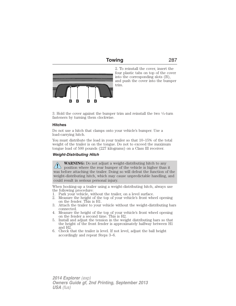 Hitches, Weight-distributing hitch, Towing 287 | FORD 2014 Explorer v.2 User Manual | Page 289 / 593