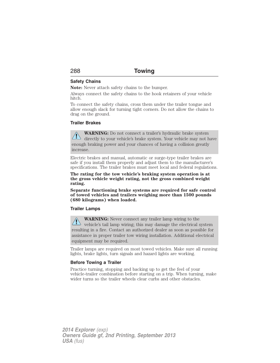 Safety chains, Trailer brakes, Trailer lamps | Before towing a trailer, 288 towing | FORD 2014 Explorer v.2 User Manual | Page 290 / 593