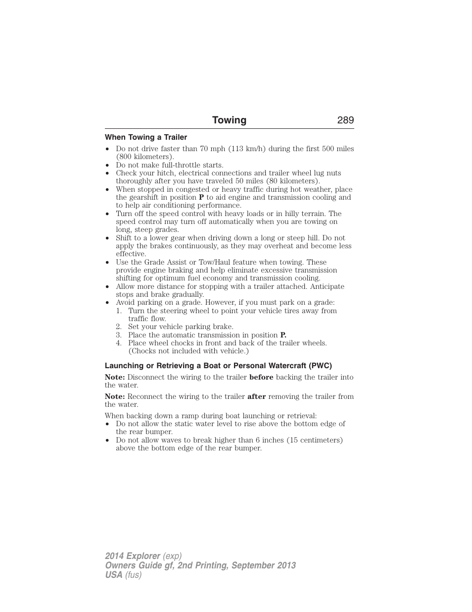 When towing a trailer, Towing 289 | FORD 2014 Explorer v.2 User Manual | Page 291 / 593