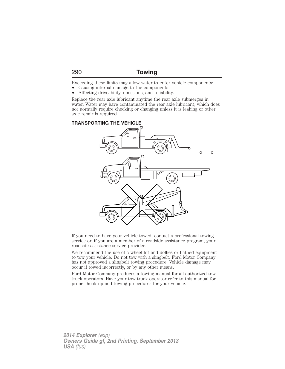 Transporting the vehicle, Wrecker towing, 290 towing | FORD 2014 Explorer v.2 User Manual | Page 292 / 593