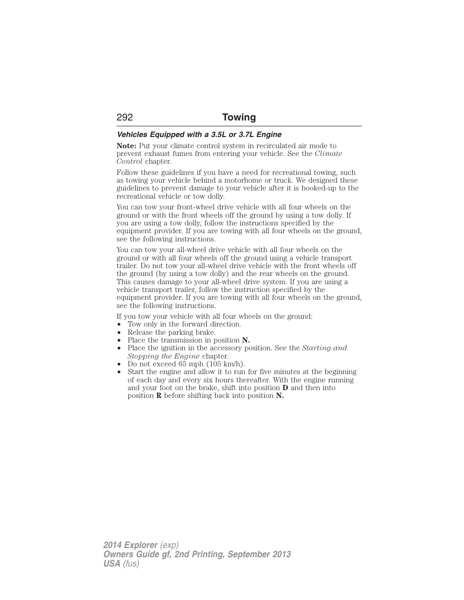 Vehicles equipped with a 3.5l or 3.7l engine, 292 towing | FORD 2014 Explorer v.2 User Manual | Page 294 / 593