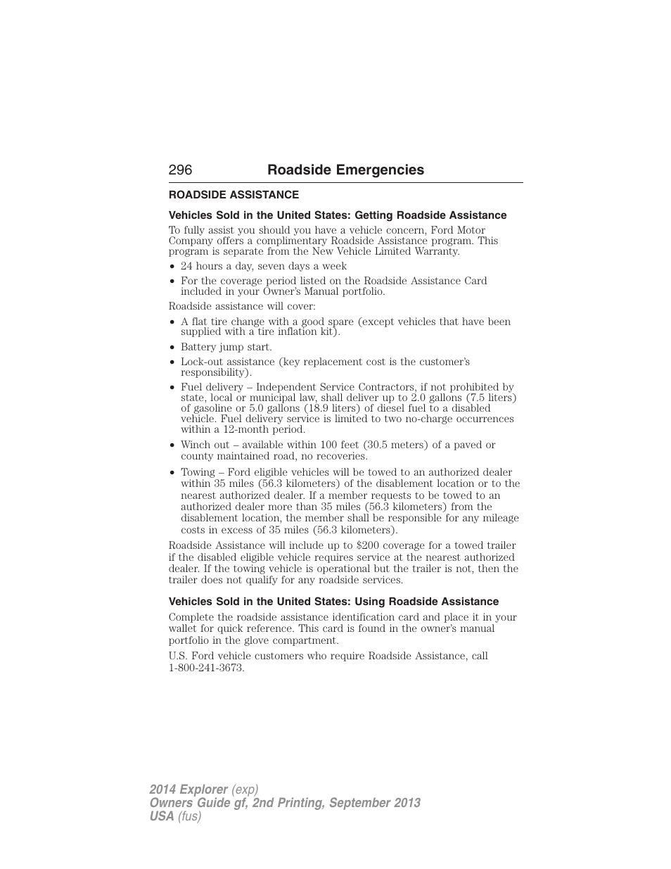 Roadside emergencies, Roadside assistance, Getting roadside assistance | 296 roadside emergencies | FORD 2014 Explorer v.2 User Manual | Page 298 / 593