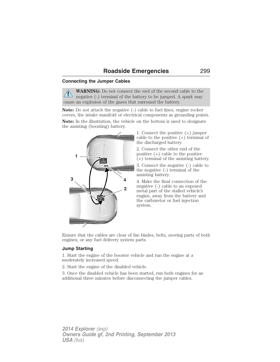 Connecting the jumper cables, Jump starting, Roadside emergencies 299 | FORD 2014 Explorer v.2 User Manual | Page 301 / 593