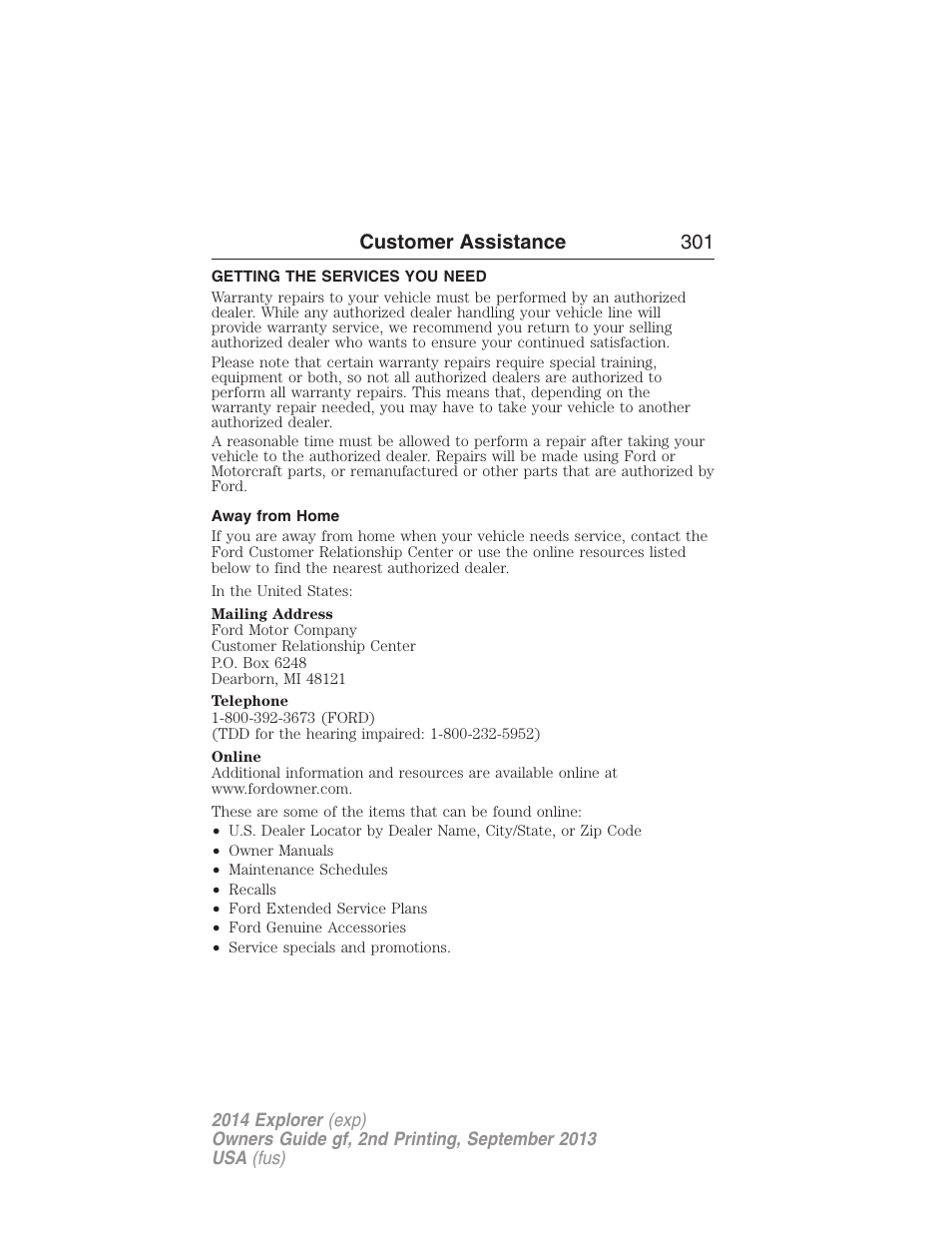 Customer assistance, Getting the services you need, Away from home | Customer assistance 301 | FORD 2014 Explorer v.2 User Manual | Page 303 / 593