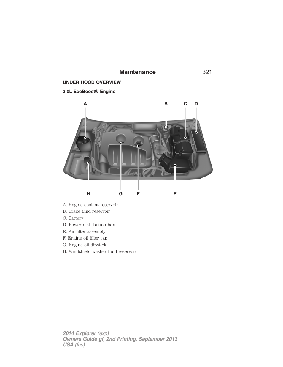 Under hood overview, 0l ecoboost® engine, Maintenance 321 | FORD 2014 Explorer v.2 User Manual | Page 323 / 593