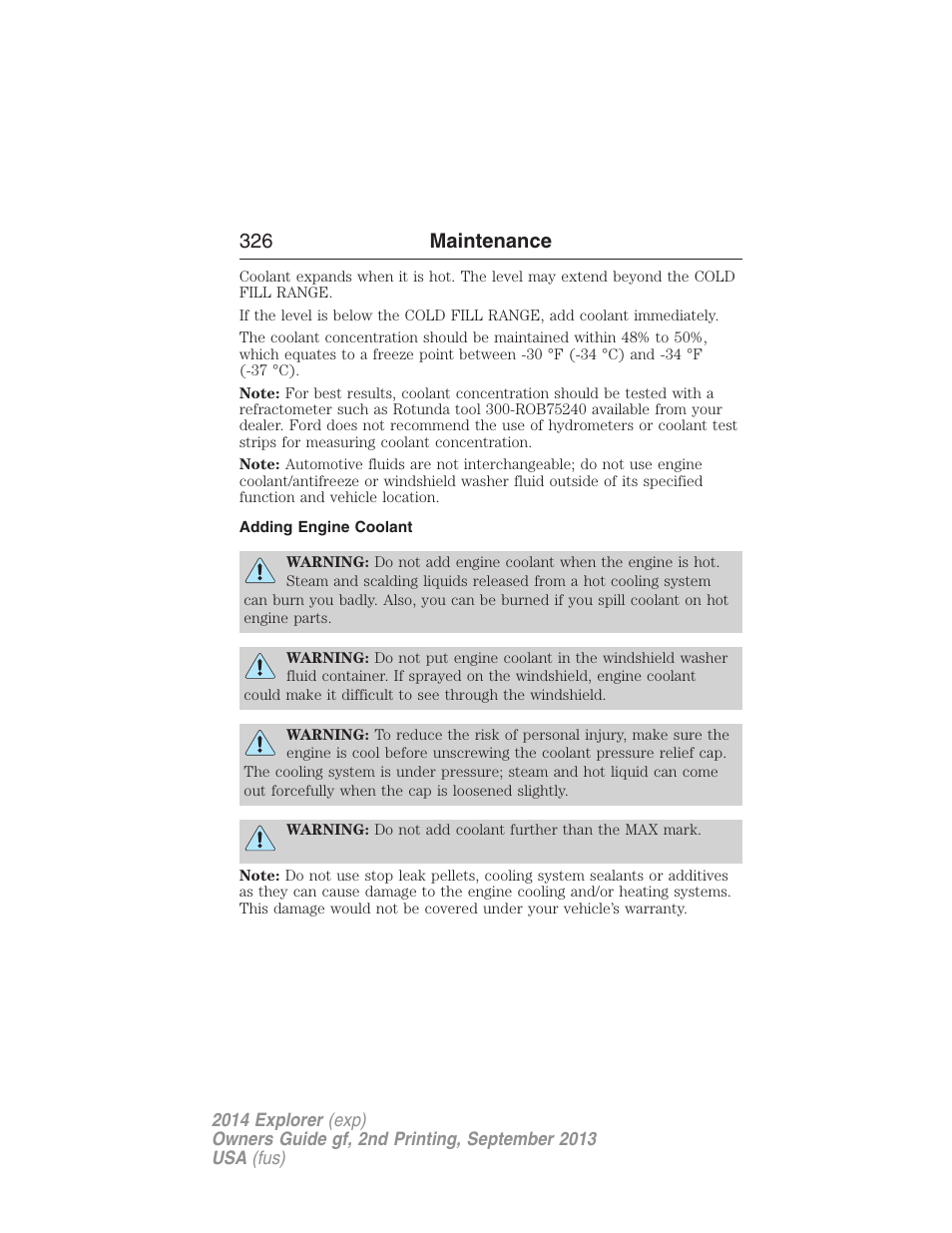 Adding engine coolant, 326 maintenance | FORD 2014 Explorer v.2 User Manual | Page 328 / 593