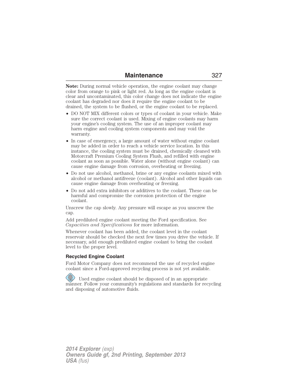 Recycled engine coolant, Maintenance 327 | FORD 2014 Explorer v.2 User Manual | Page 329 / 593