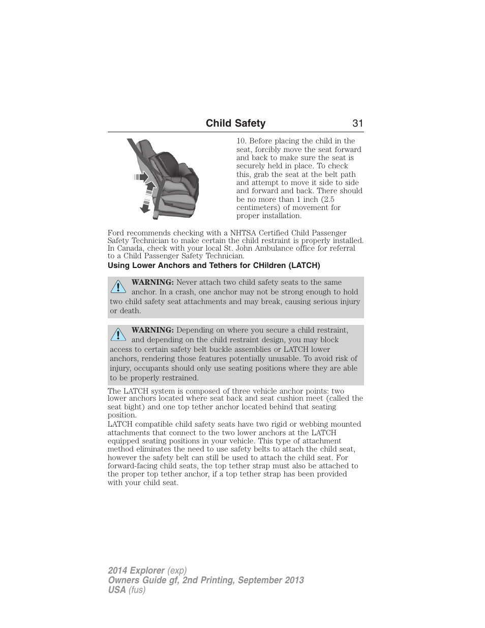 Child safety 31 | FORD 2014 Explorer v.2 User Manual | Page 33 / 593