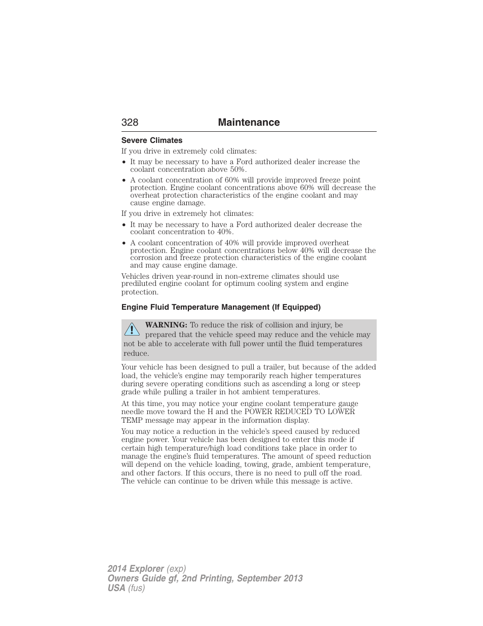 Severe climates, Engine fluid temperature management (if equipped), 328 maintenance | FORD 2014 Explorer v.2 User Manual | Page 330 / 593