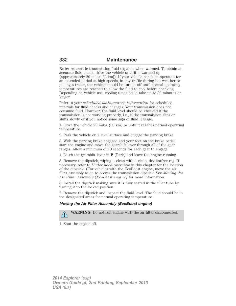 Moving the air filter assembly (ecoboost engine), 332 maintenance | FORD 2014 Explorer v.2 User Manual | Page 334 / 593