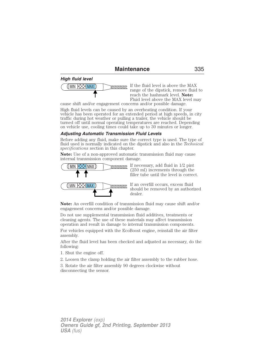 High fluid level, Adjusting automatic transmission fluid levels, Maintenance 335 | FORD 2014 Explorer v.2 User Manual | Page 337 / 593