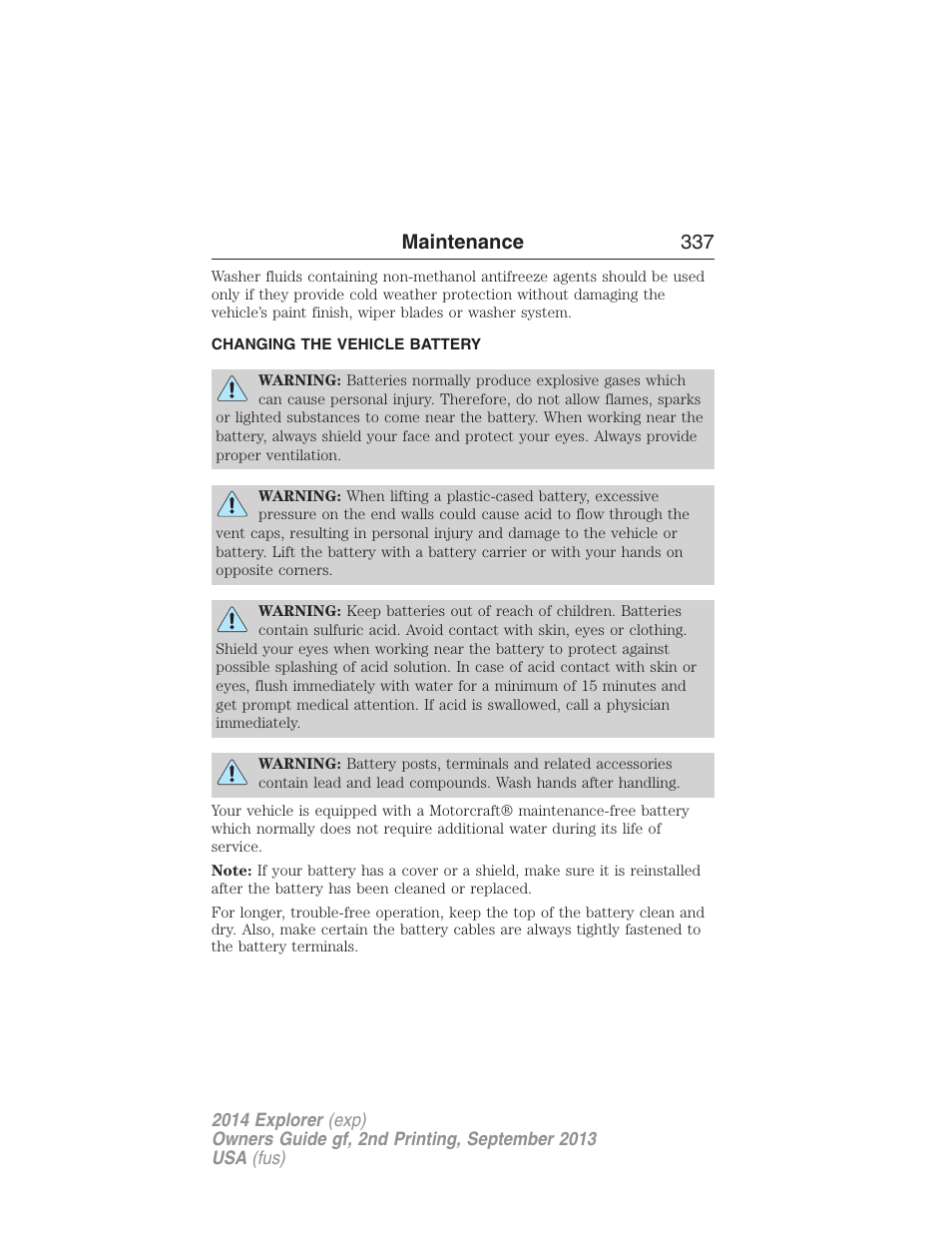 Changing the vehicle battery, Battery, Maintenance 337 | FORD 2014 Explorer v.2 User Manual | Page 339 / 593