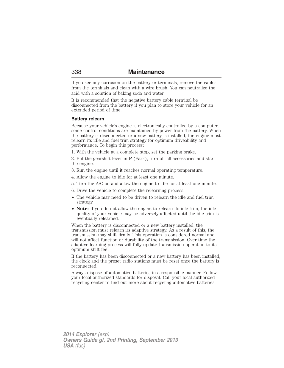 Battery relearn, 338 maintenance | FORD 2014 Explorer v.2 User Manual | Page 340 / 593