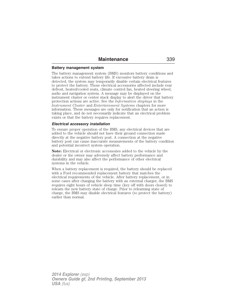 Battery management system, Electrical accessory installation, Maintenance 339 | FORD 2014 Explorer v.2 User Manual | Page 341 / 593