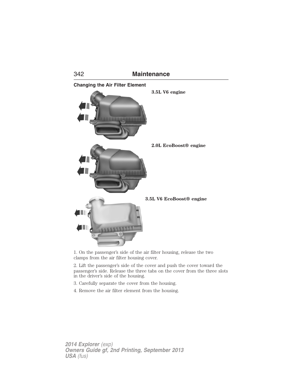 Changing the air filter element, 342 maintenance | FORD 2014 Explorer v.2 User Manual | Page 344 / 593