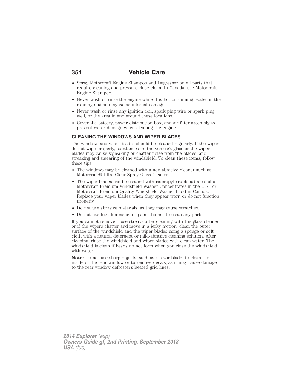 Cleaning the windows and wiper blades, 354 vehicle care | FORD 2014 Explorer v.2 User Manual | Page 356 / 593