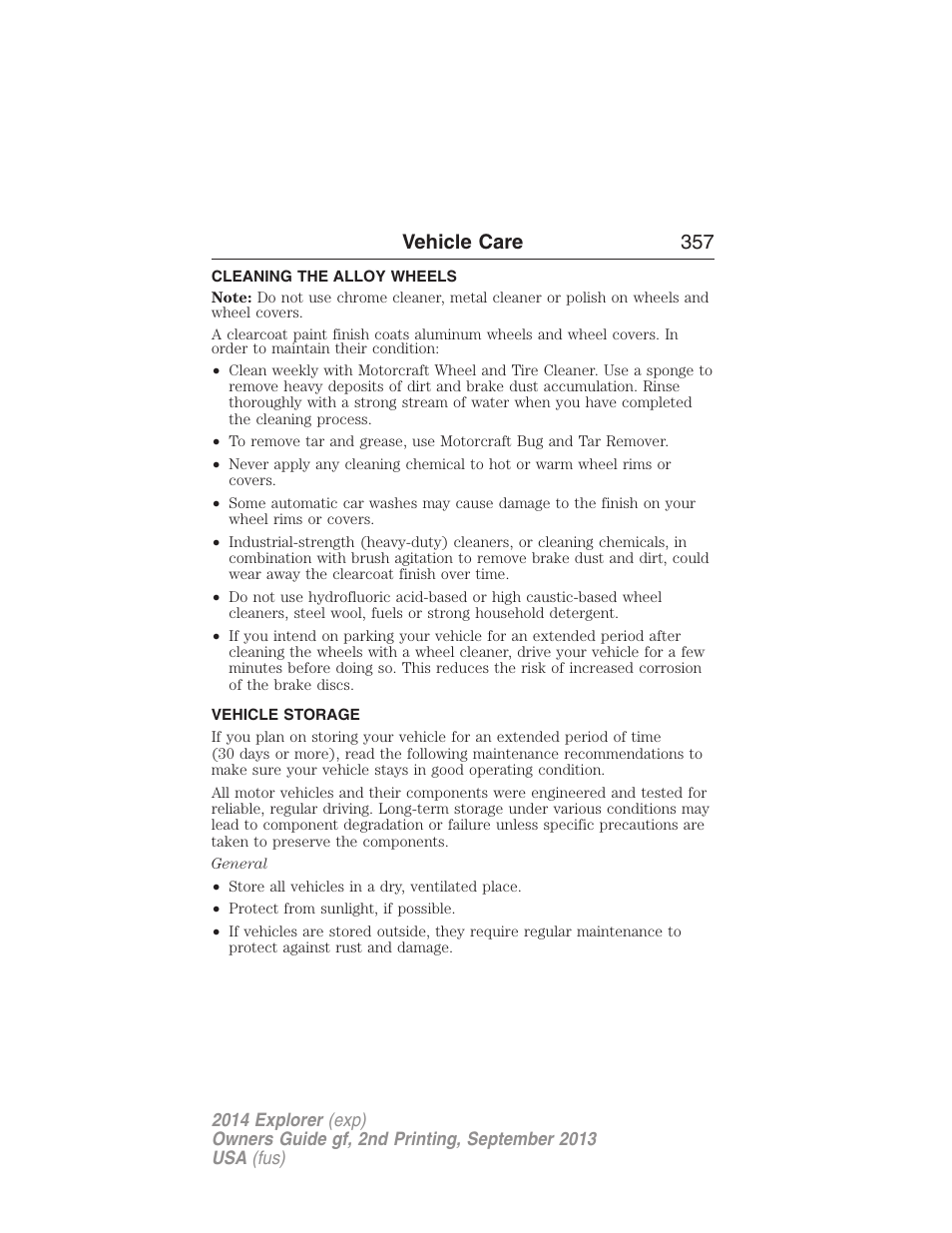 Cleaning the alloy wheels, Vehicle storage, Vehicle care 357 | FORD 2014 Explorer v.2 User Manual | Page 359 / 593