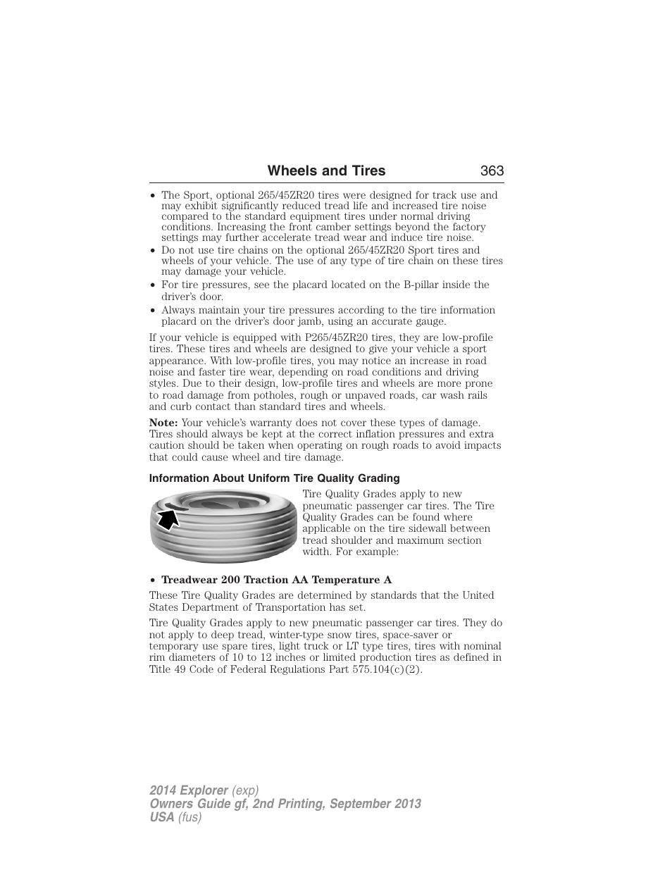 Information about uniform tire quality grading, Wheels and tires 363 | FORD 2014 Explorer v.2 User Manual | Page 365 / 593