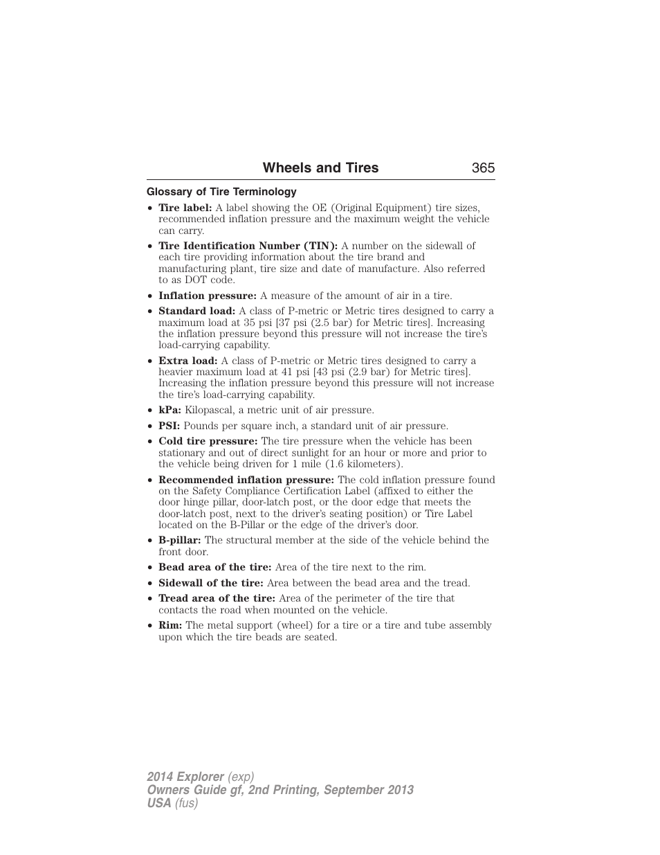 Glossary of tire terminology, Wheels and tires 365 | FORD 2014 Explorer v.2 User Manual | Page 367 / 593