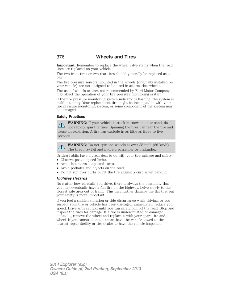 Safety practices, Highway hazards, 376 wheels and tires | FORD 2014 Explorer v.2 User Manual | Page 378 / 593