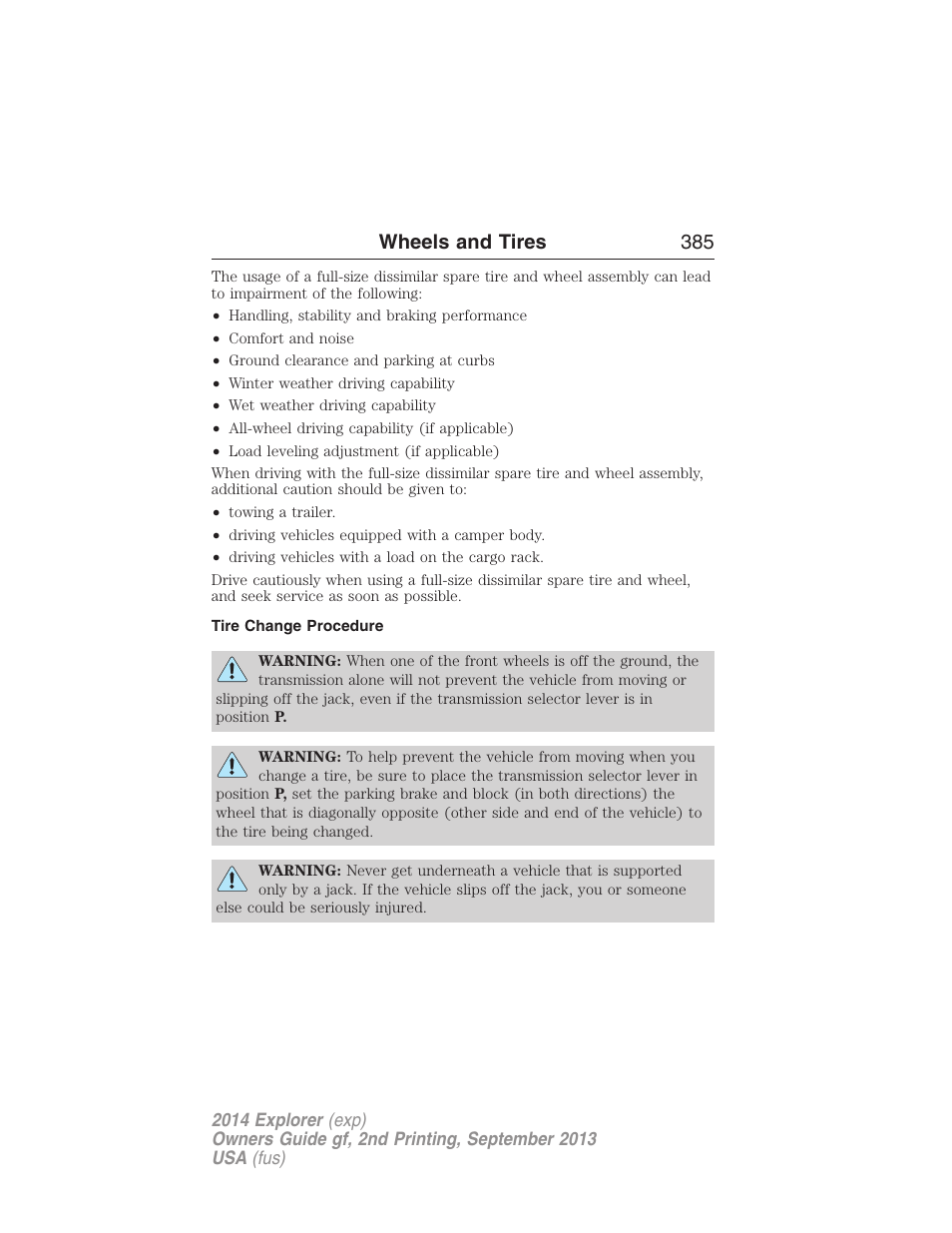 Tire change procedure, Wheels and tires 385 | FORD 2014 Explorer v.2 User Manual | Page 387 / 593
