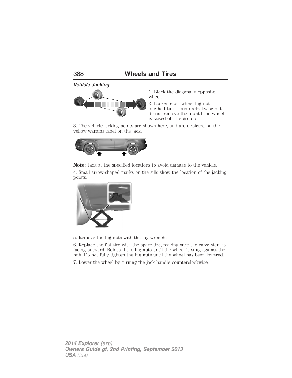 Vehicle jacking, 388 wheels and tires | FORD 2014 Explorer v.2 User Manual | Page 390 / 593