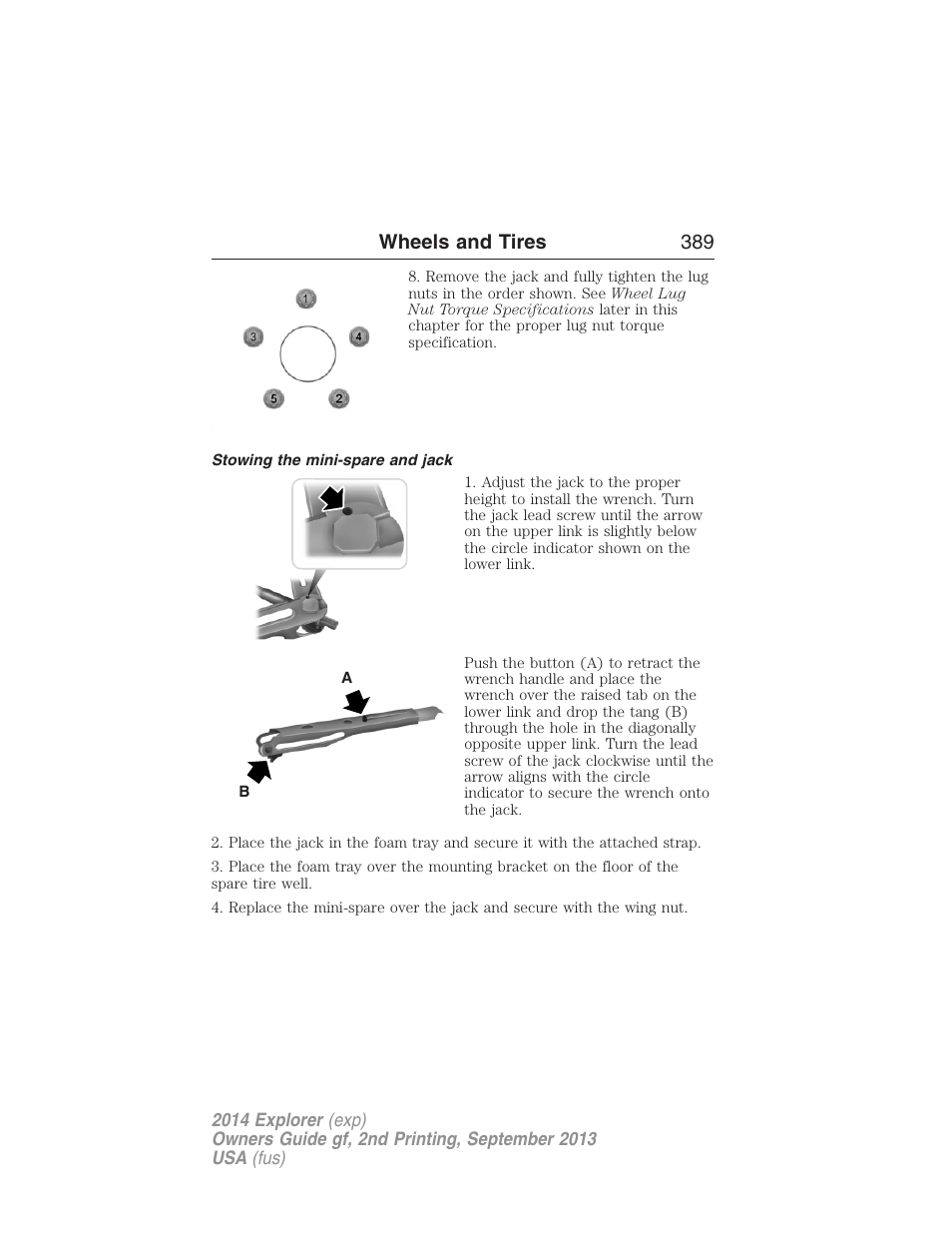 Stowing the mini-spare and jack, Wheels and tires 389 | FORD 2014 Explorer v.2 User Manual | Page 391 / 593