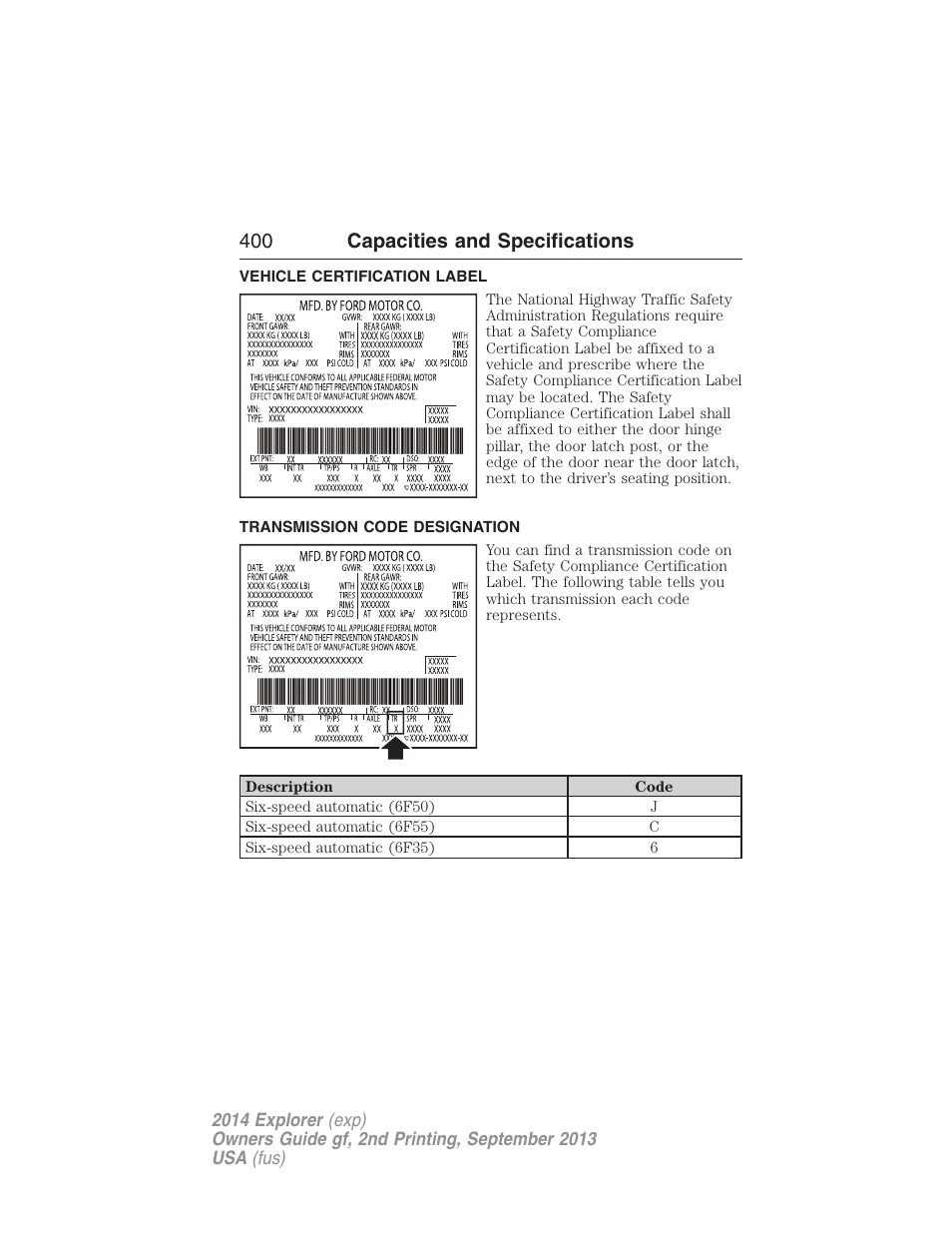 Vehicle certification label, Transmission code designation, 400 capacities and specifications | FORD 2014 Explorer v.2 User Manual | Page 402 / 593