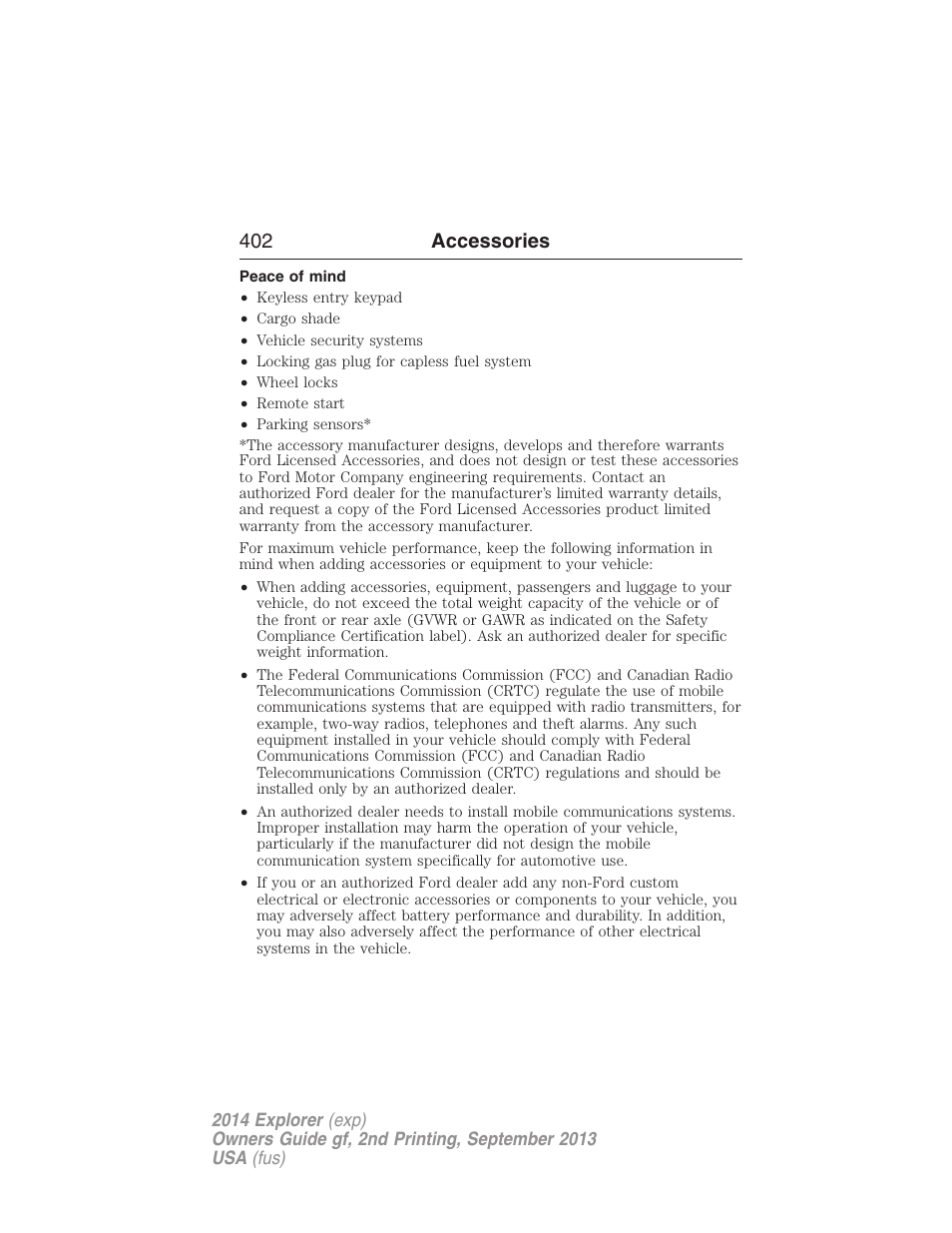 Peace of mind, 402 accessories | FORD 2014 Explorer v.2 User Manual | Page 404 / 593