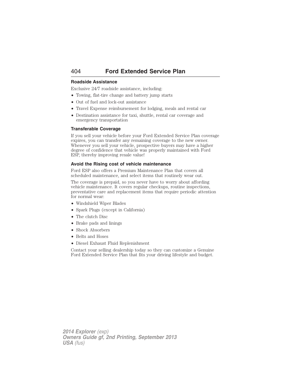 Roadside assistance, Transferable coverage, Avoid the rising cost of vehicle maintenance | 404 ford extended service plan | FORD 2014 Explorer v.2 User Manual | Page 406 / 593