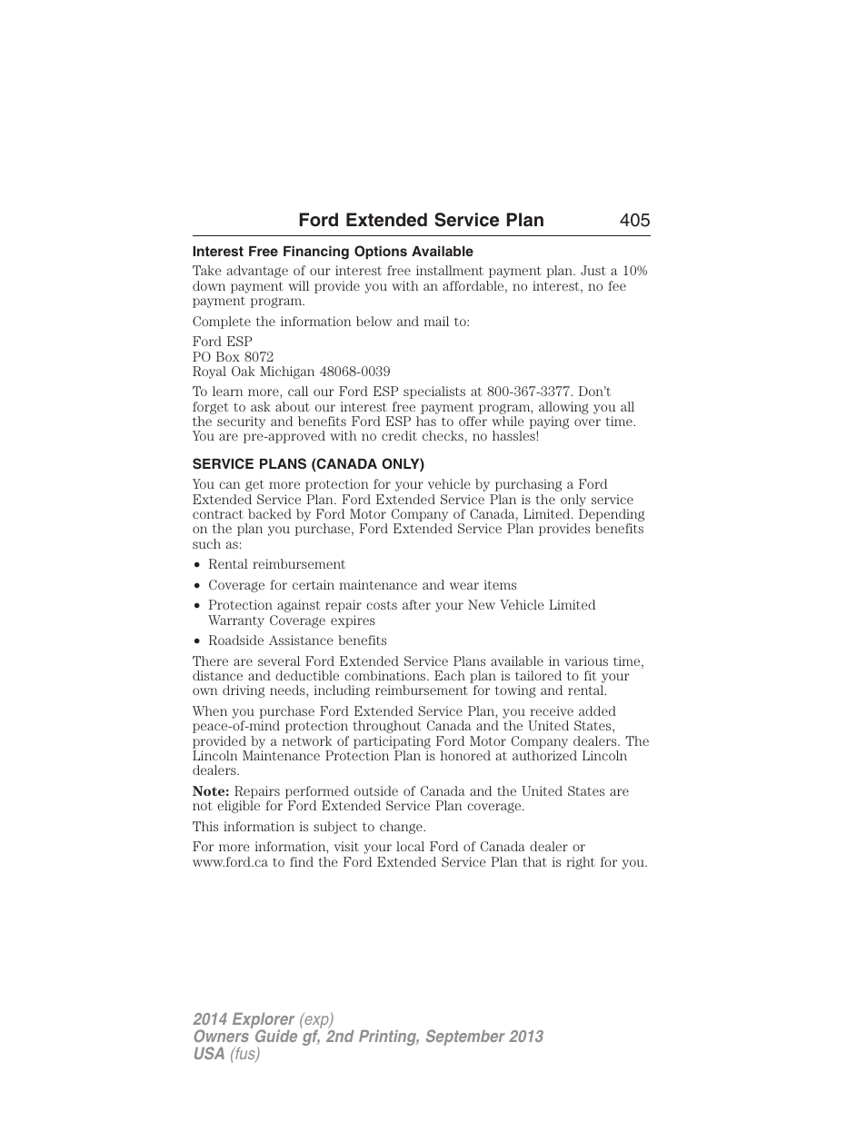 Interest free financing options available, Service plans (canada only), Ford extended service plan 405 | FORD 2014 Explorer v.2 User Manual | Page 407 / 593