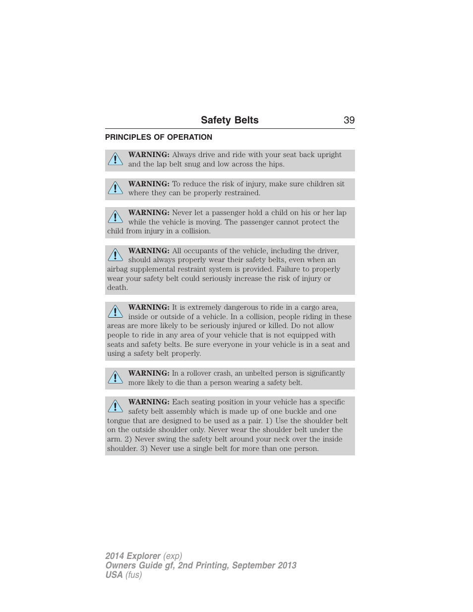 Safety belts, Principles of operation, Safety belts 39 | FORD 2014 Explorer v.2 User Manual | Page 41 / 593