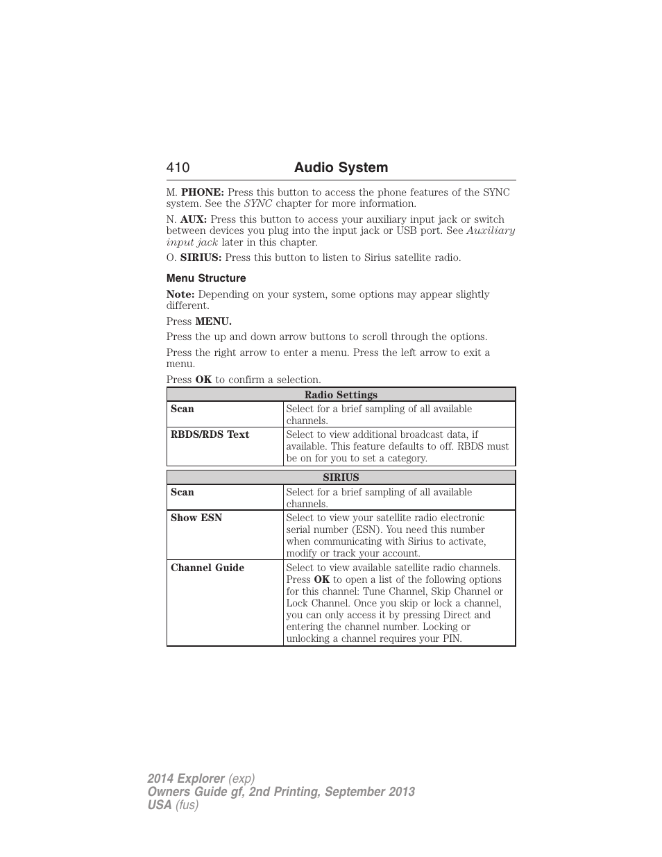 Menu structure, 410 audio system | FORD 2014 Explorer v.2 User Manual | Page 412 / 593