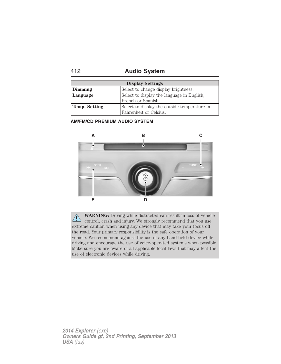 Am/fm/cd premium audio system, 412 audio system | FORD 2014 Explorer v.2 User Manual | Page 414 / 593