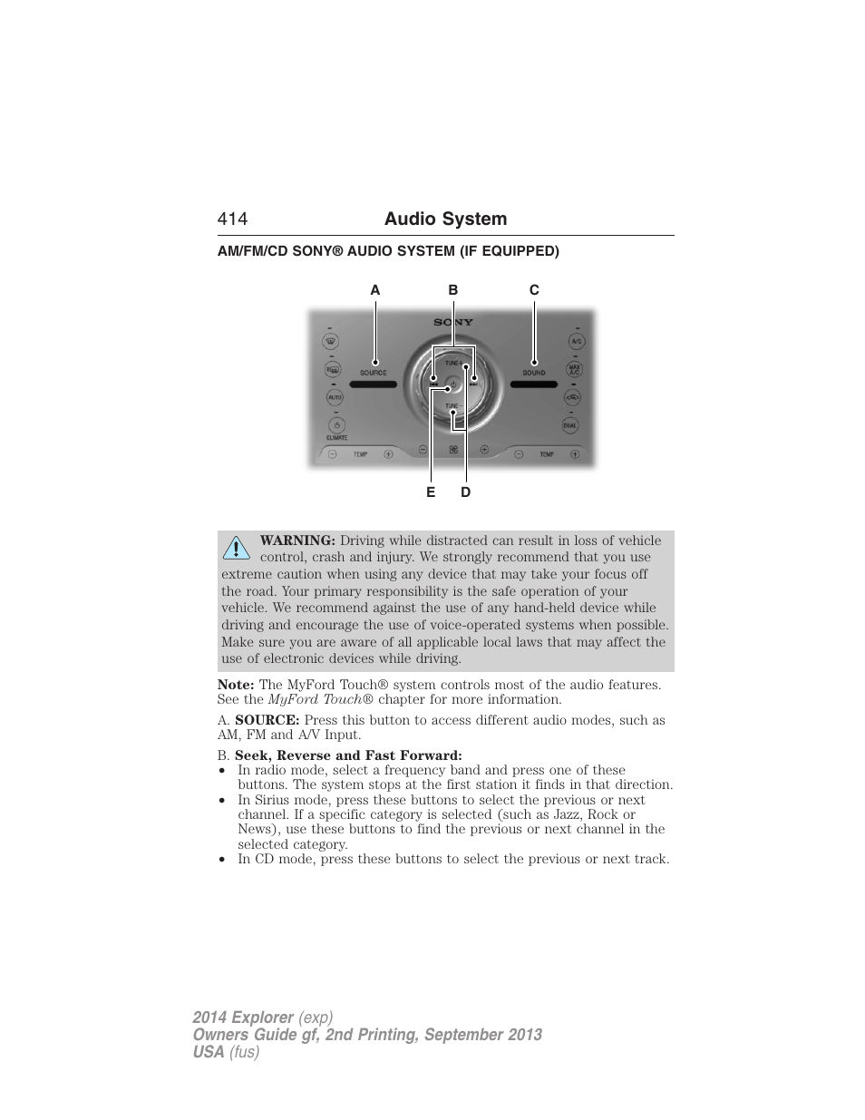 Am/fm/cd sony® audio system (if equipped), 414 audio system | FORD 2014 Explorer v.2 User Manual | Page 416 / 593