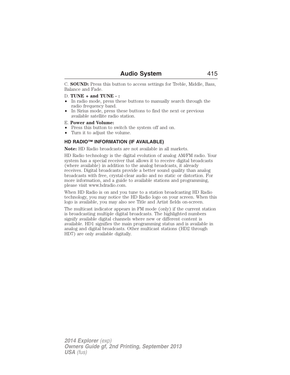 Hd radio™ information (if available), Audio system 415 | FORD 2014 Explorer v.2 User Manual | Page 417 / 593