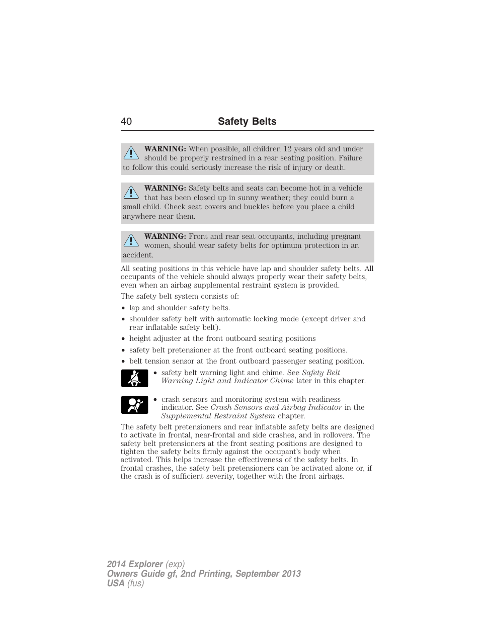 40 safety belts | FORD 2014 Explorer v.2 User Manual | Page 42 / 593